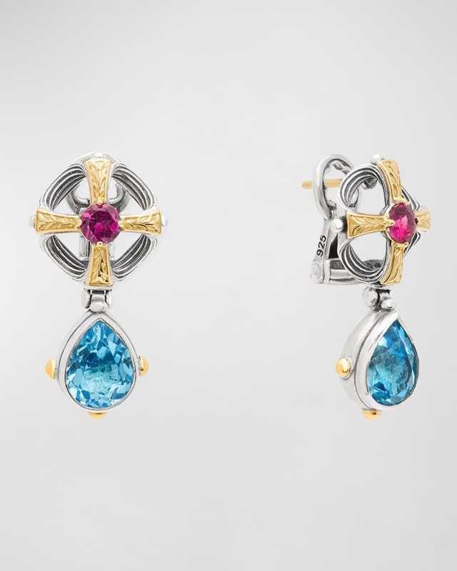 Delos Two-Tone Rhodolite and Swiss Blue Topaz Earrings